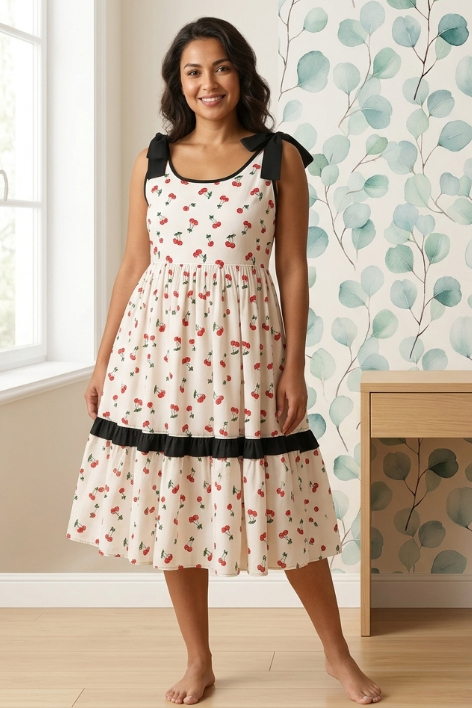 rochie de vara bumbac, rochie cirese calinnotex, rochie lejera S M, rochie bumbac 100%, rochie atelier calinnotex, rochie midi de vara, rochie cu funde umeri.