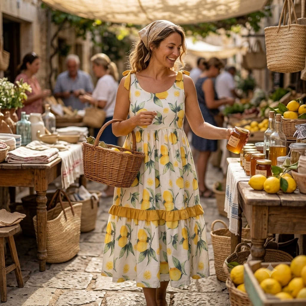 rochie cu lamai, rochie de vara bumbac, rochie atelier calinnotex, rochie lejera S M, rochie bumbac 100%, rochie stil mediteranean, rochie midi cu funde.