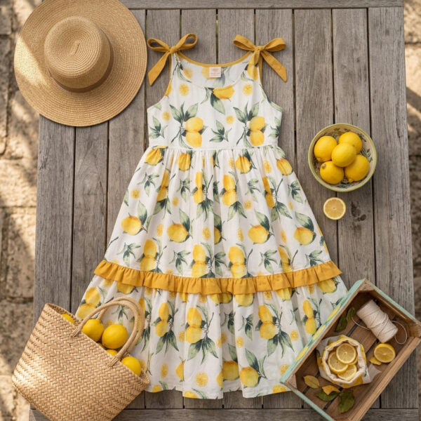 rochie cu lamai, rochie de vara bumbac, rochie atelier calinnotex, rochie lejera S M, rochie bumbac 100%, rochie stil mediteranean, rochie midi cu funde.
