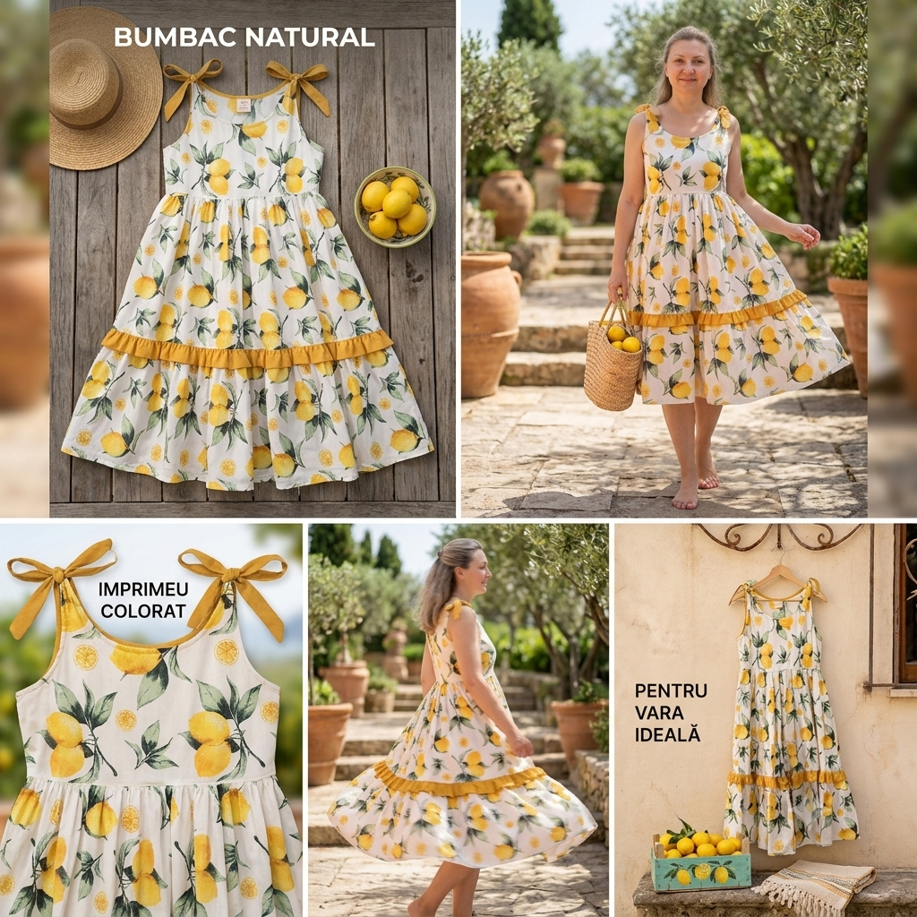 rochie cu lamai, rochie de vara bumbac, rochie atelier calinnotex, rochie lejera S M, rochie bumbac 100%, rochie stil mediteranean, rochie midi cu funde.