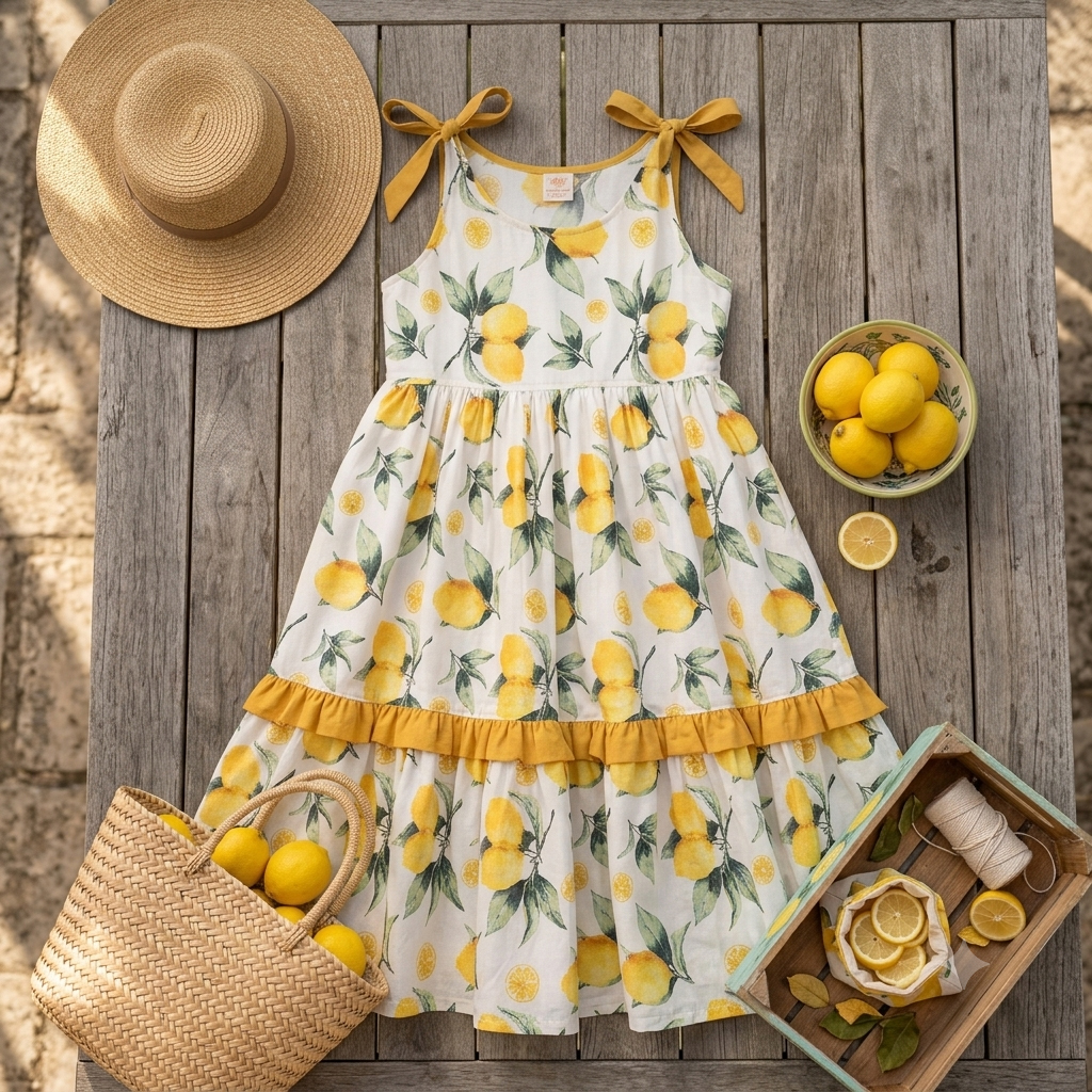 rochie cu lamai, rochie de vara bumbac, rochie atelier calinnotex, rochie lejera S M, rochie bumbac 100%, rochie stil mediteranean, rochie midi cu funde.